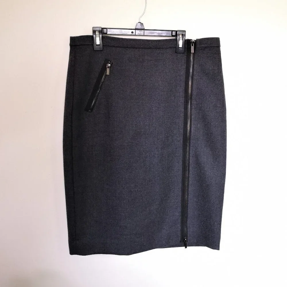 J. Crew 100% Wool Asymmetric Zip Dark‎ Gray Pencil Skirt Size 10